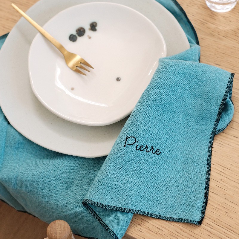 Serviette de table bleue en Lin personnalisée